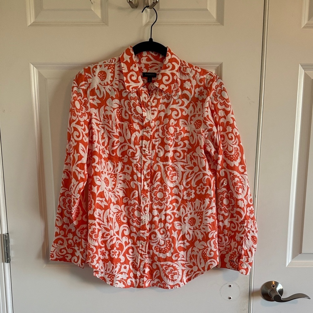 100% Linen Talbots Orange and White Floral Button-Up Shirt Size Small - Picture 2 of 7